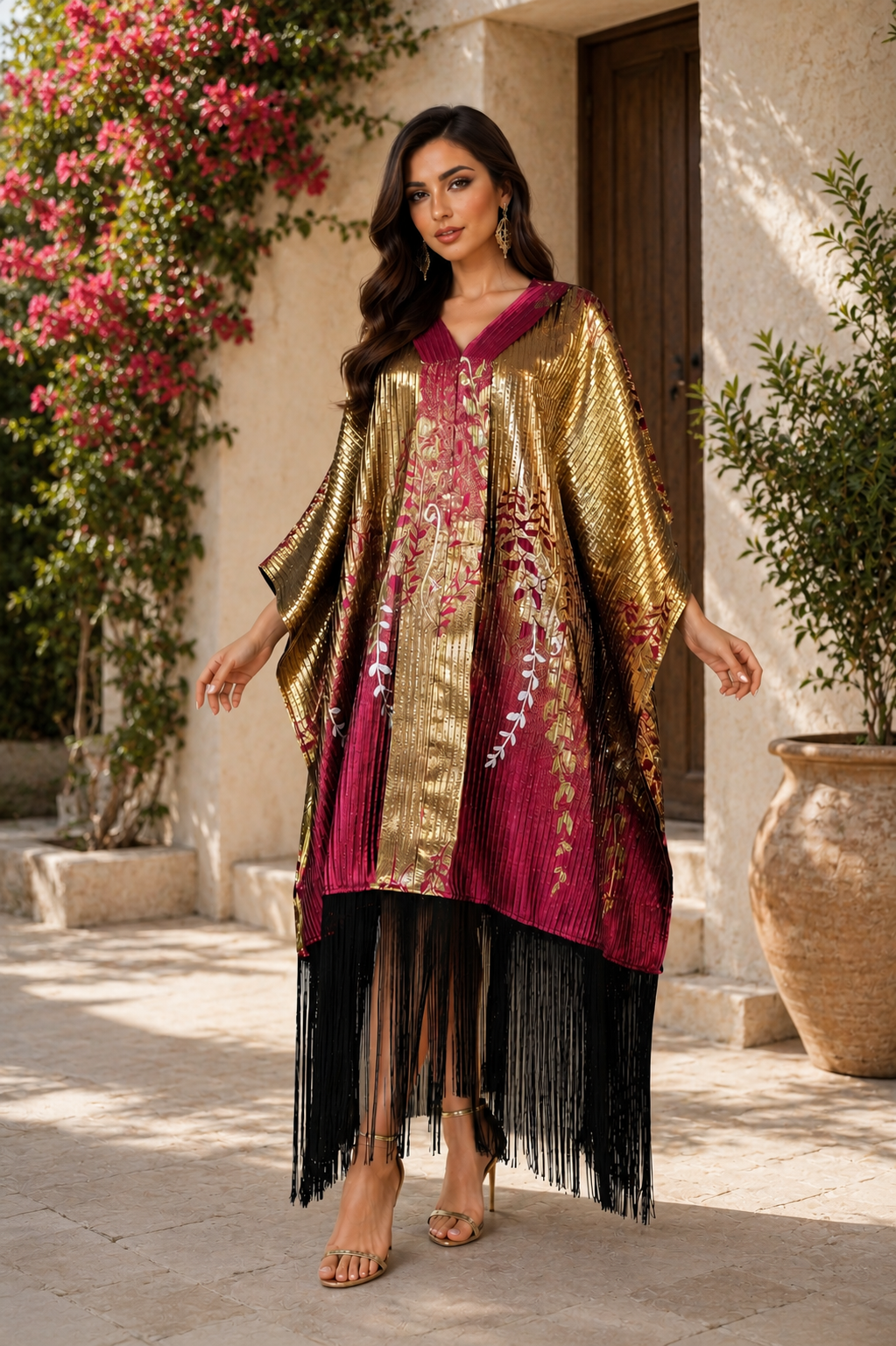 Metallic Botanical Fringe Kaftan - Statement occasion Dress