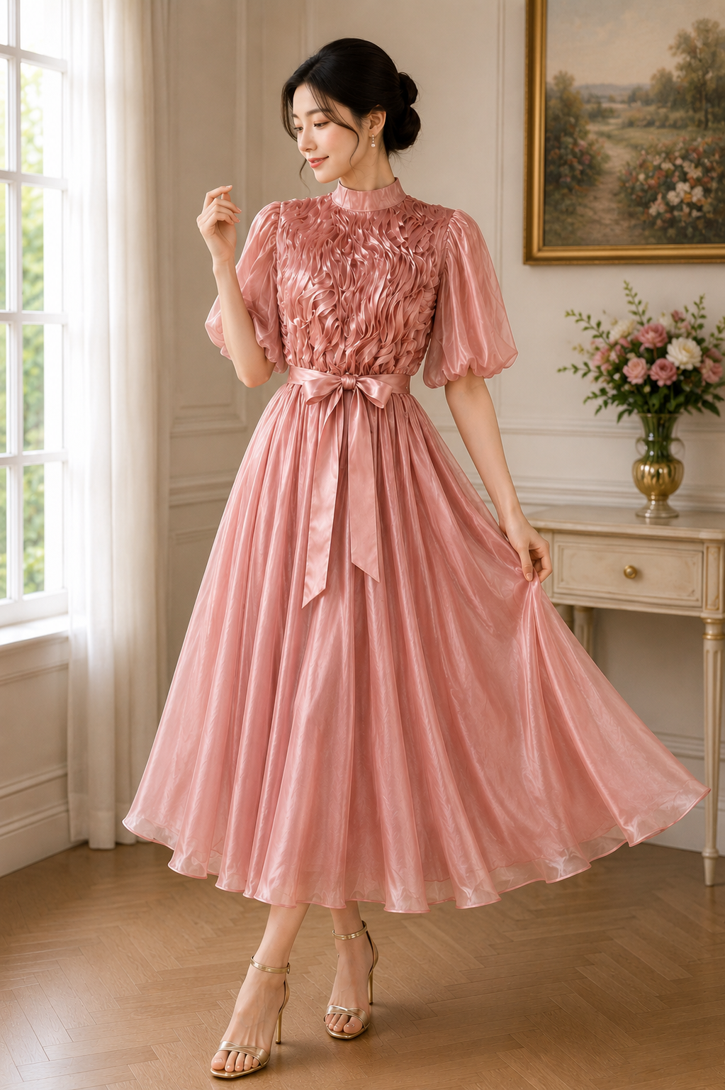 Elegant Ruffle Detail Organza Midi Dress Collection