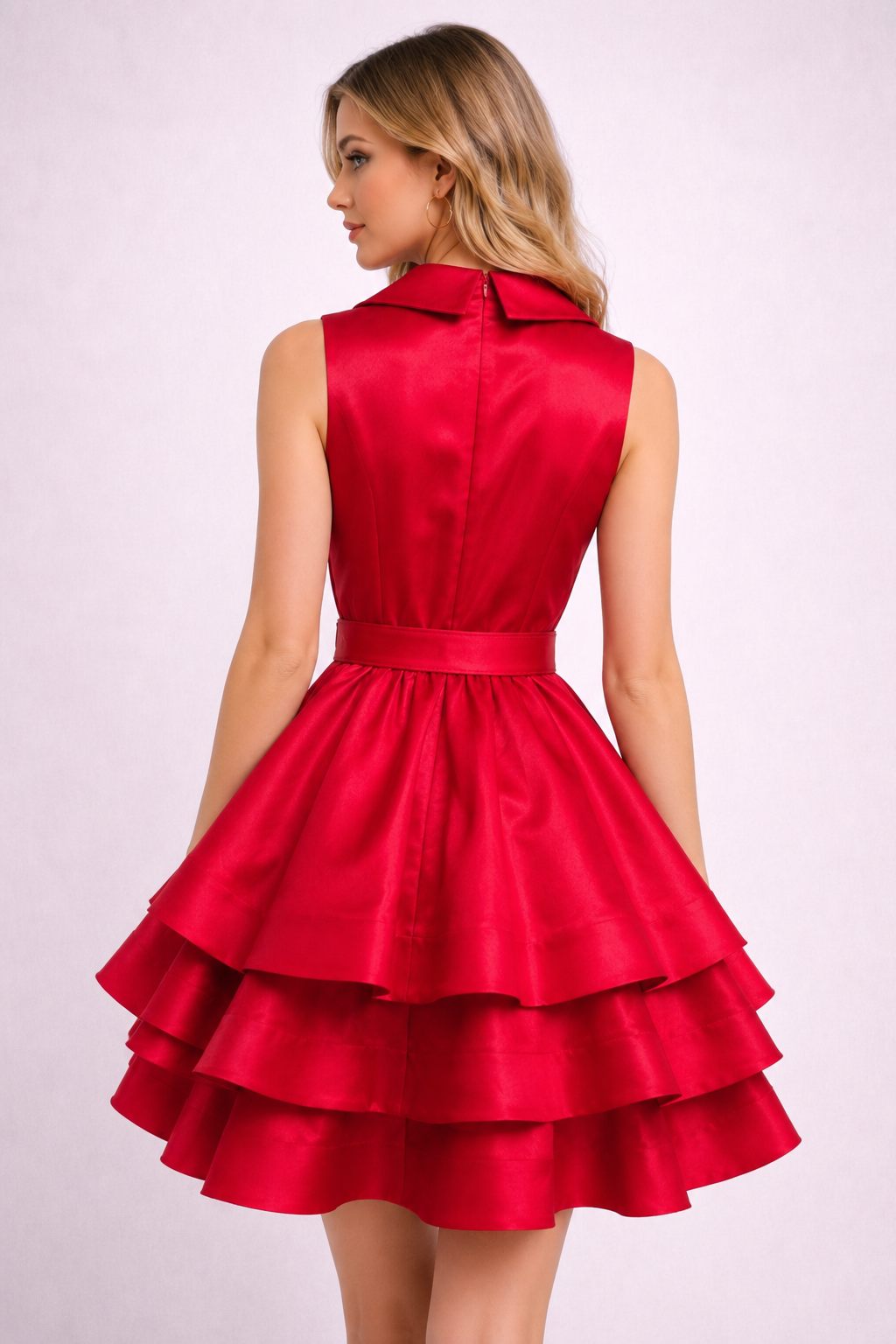 Elegant Satin Tiered Dress with Belt
