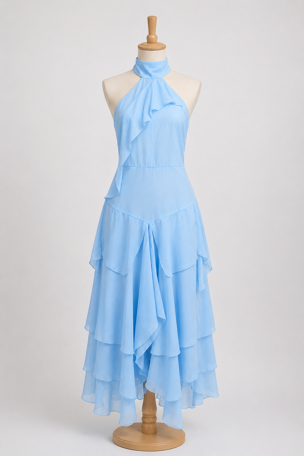 Sky Blue Halter Cascade Maxi Dress