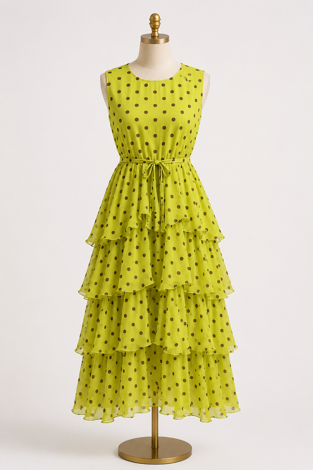 Sleeveless Polka Dot Tiered Chiffon Midi Dresses