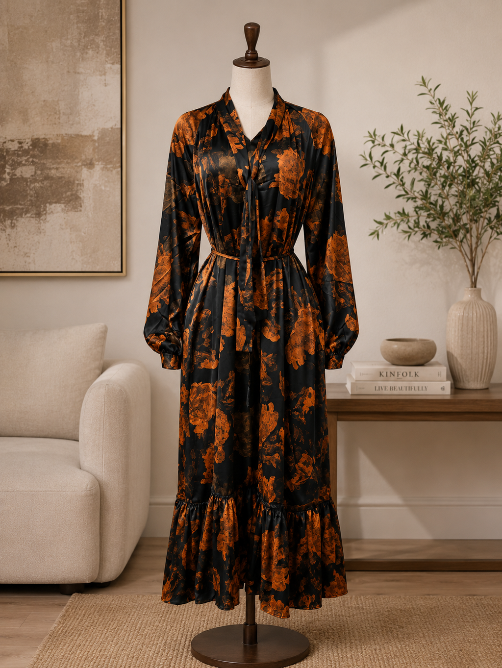 Midnight Amber Floral Satin Maxi Dress