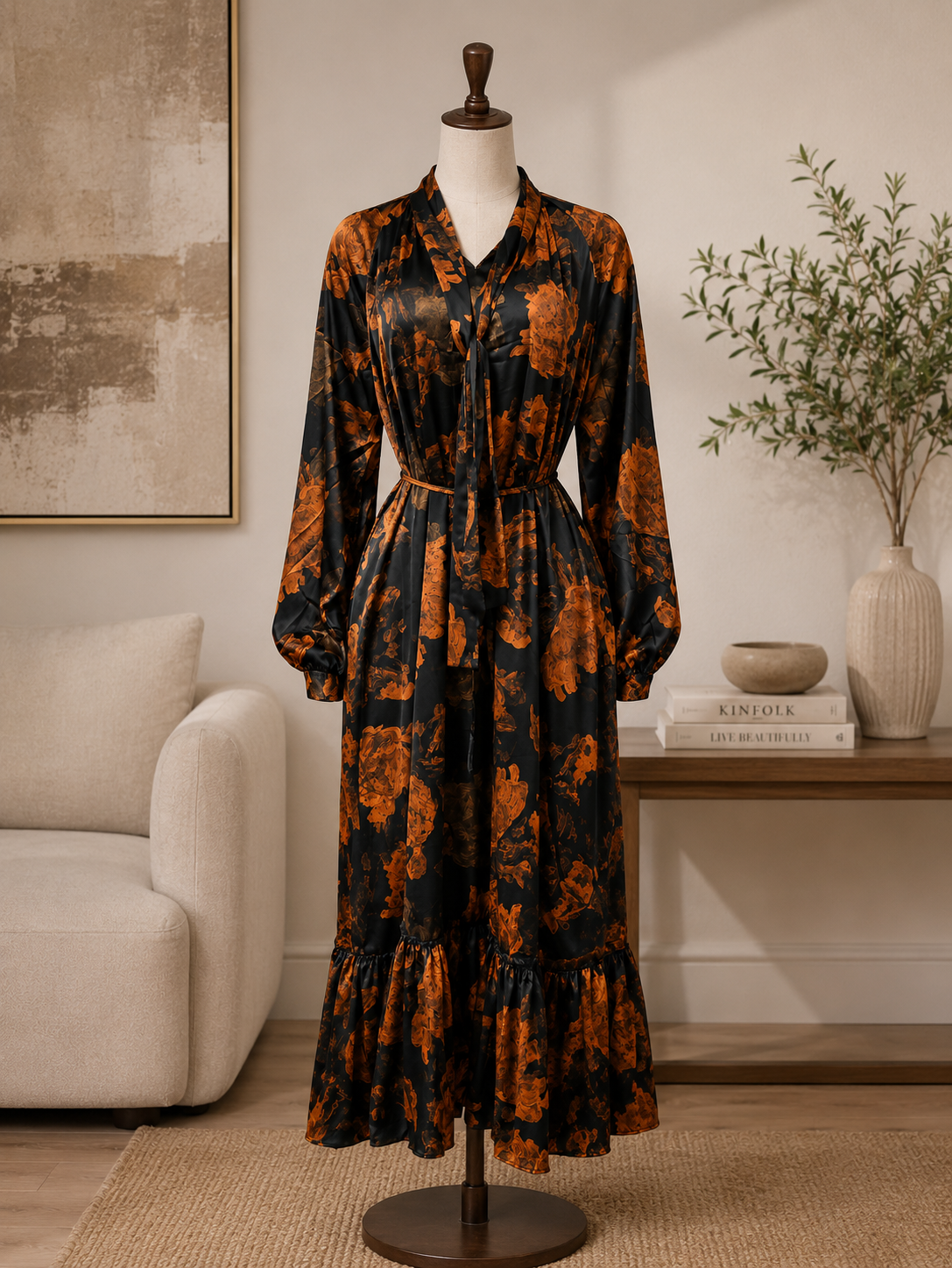 Midnight Amber Floral Satin Maxi Dress