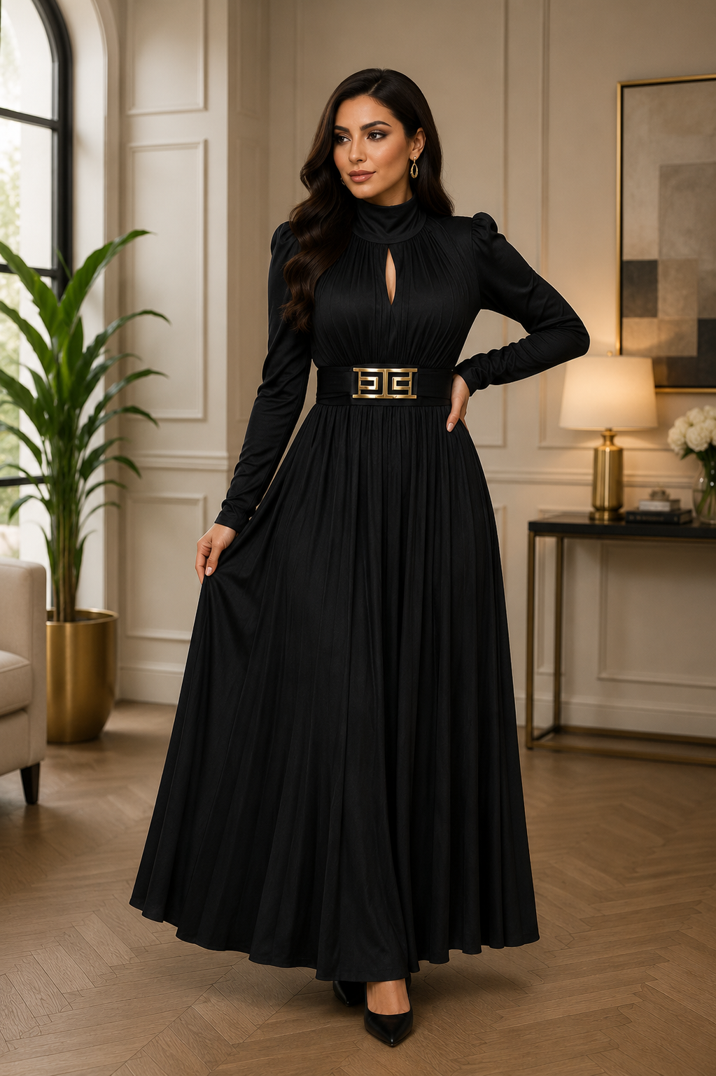 Metallic & Classic High Neck Pleated Maxi Dress Collection