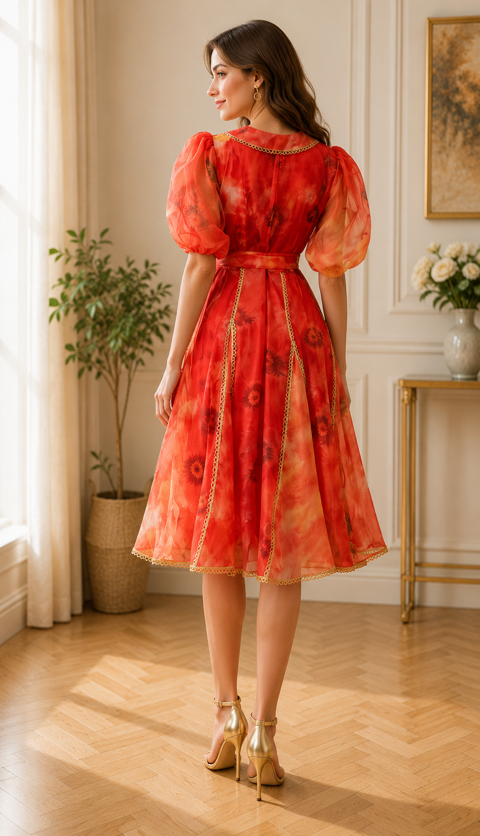 Scarlet Bloom Organza Midi Dress