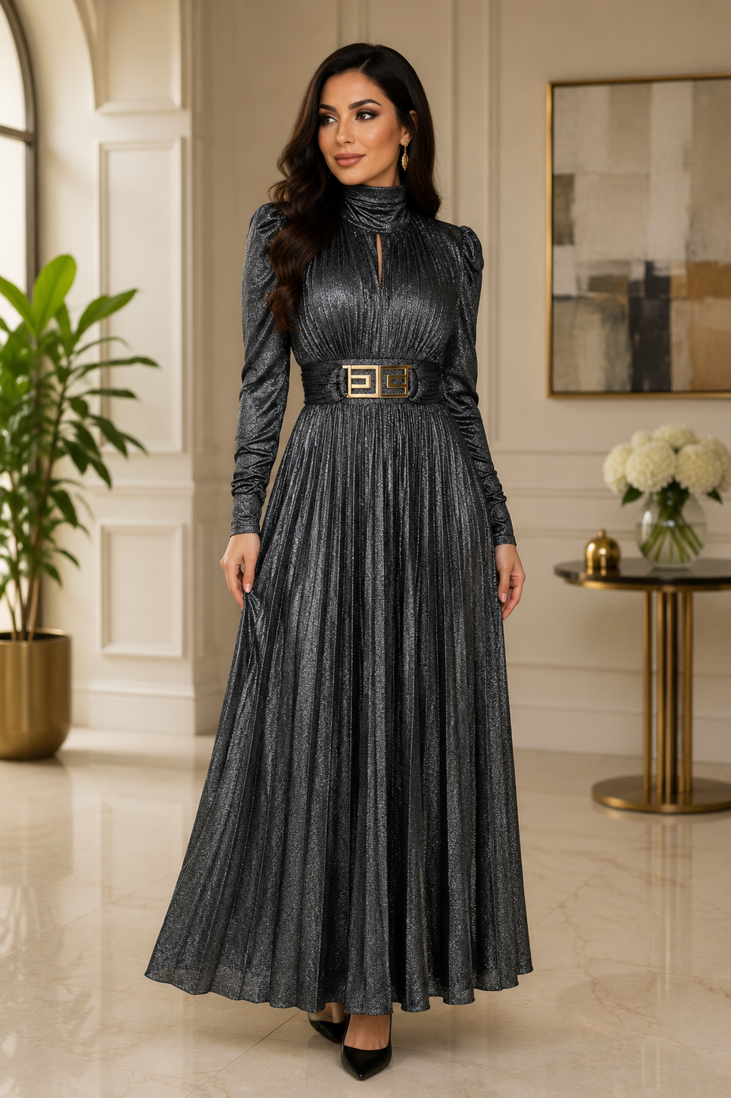 Metallic & Classic High Neck Pleated Maxi Dress Collection