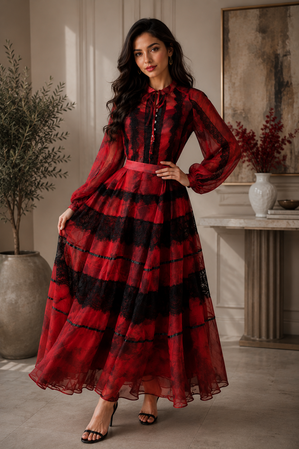 Crimson Noir Lace Tiered Maxi Dress