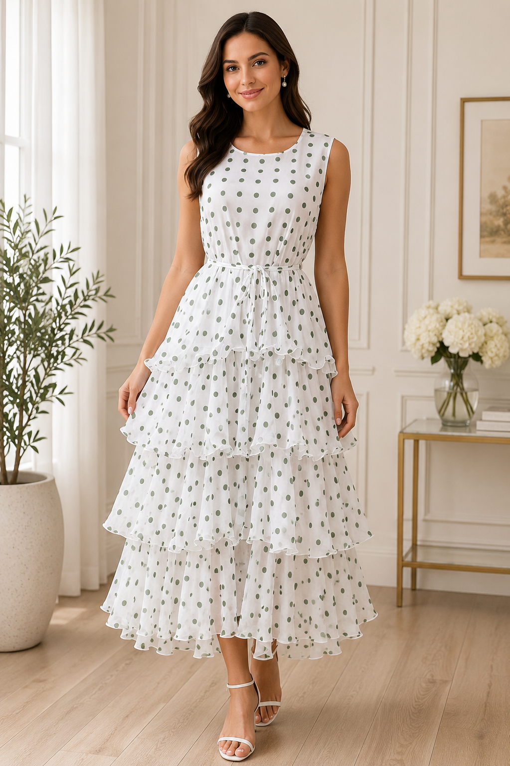 Sleeveless Polka Dot Tiered Chiffon Midi Dresses