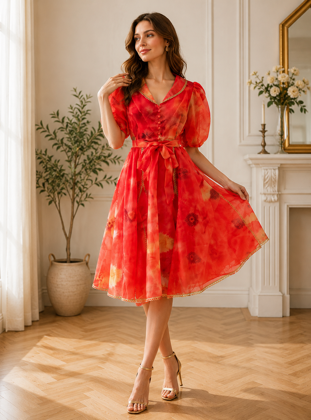 Scarlet Bloom Organza Midi Dress