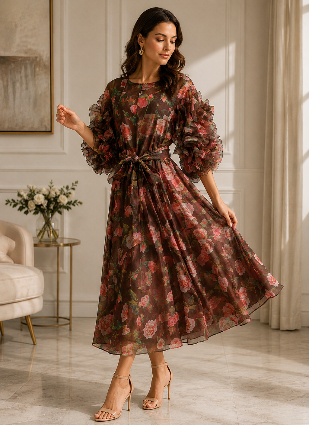 Rose Garden Organza Ruffle Sleeve Maxi Dress
