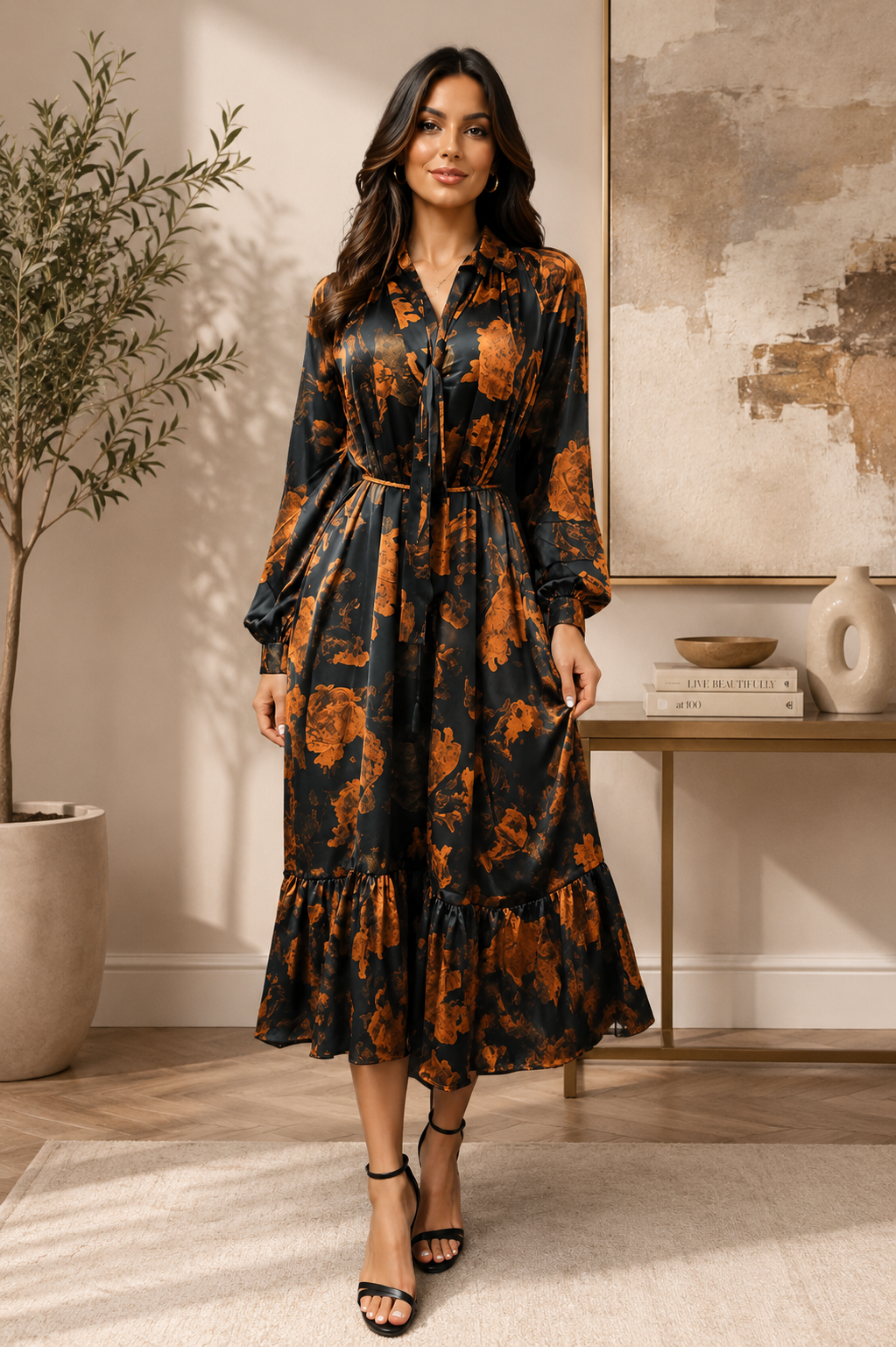 Midnight Amber Floral Satin Maxi Dress