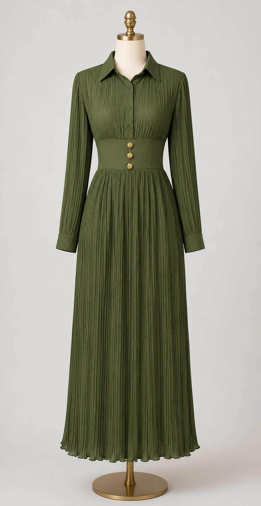 Pleated Maxi Dress with Gold Button Detail