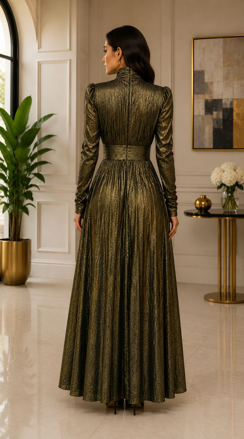 Metallic & Classic High Neck Pleated Maxi Dress Collection