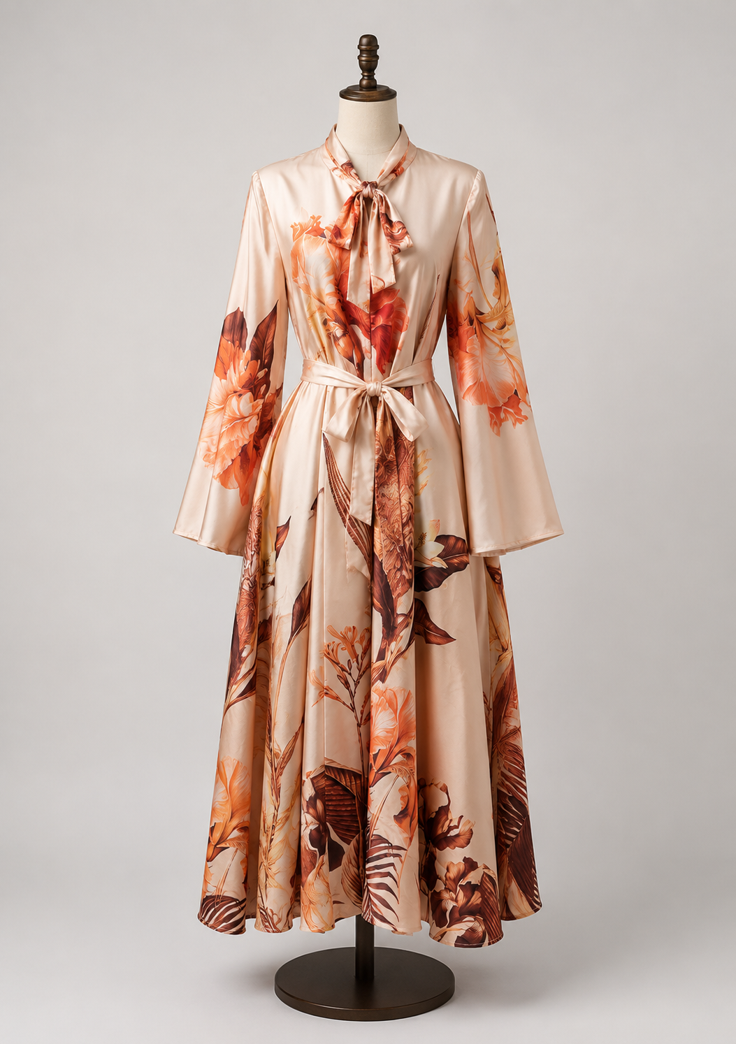Blush Bloom Satin Tie-Neck Midi Dress