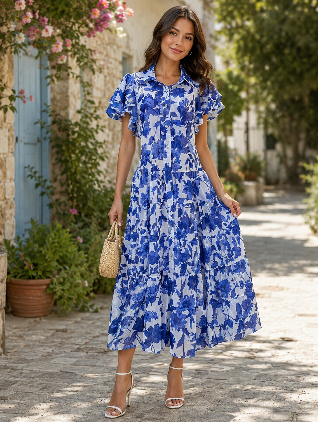 Blue Bloom Ruffle Sleeve midi Dress