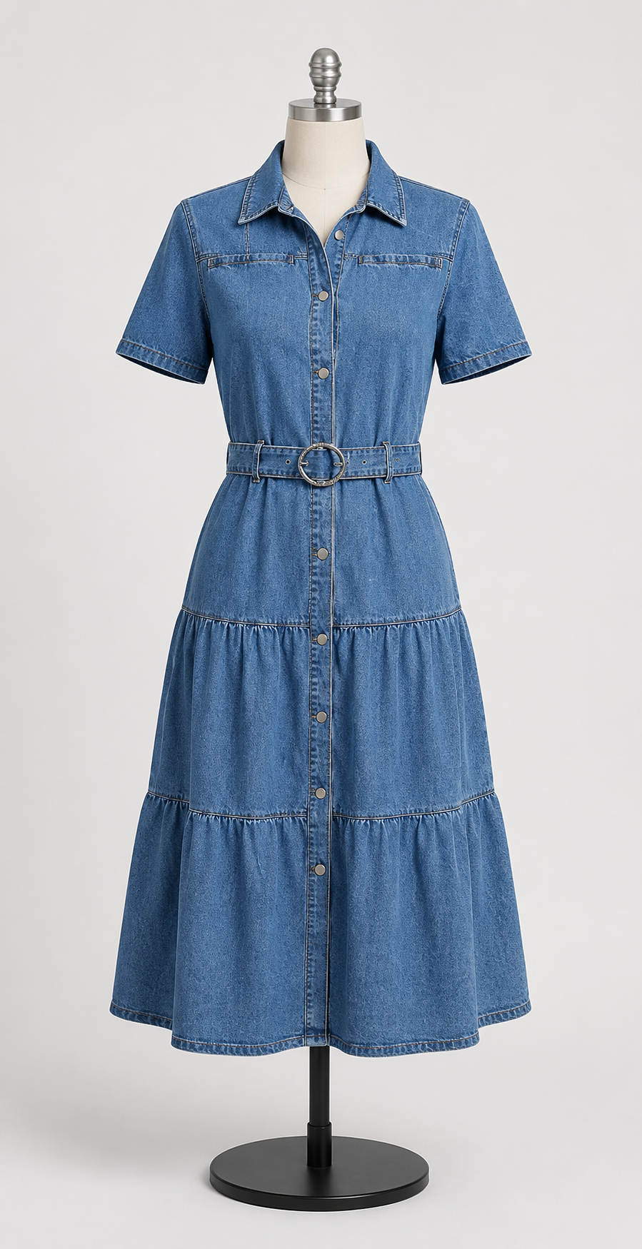 Classic Breeze Denim Tiered Midi Dress