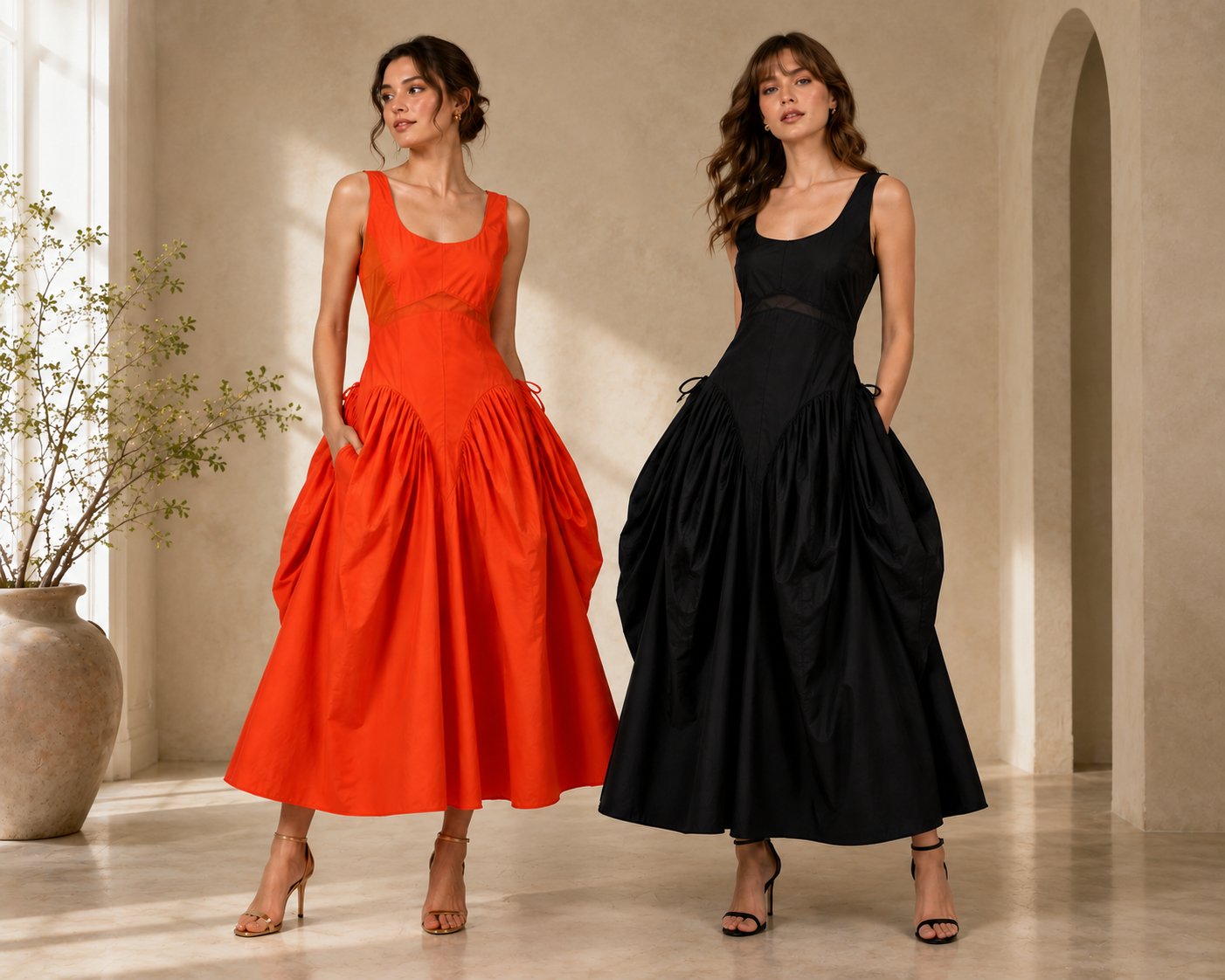 Sculptural Gathered Midi Dress