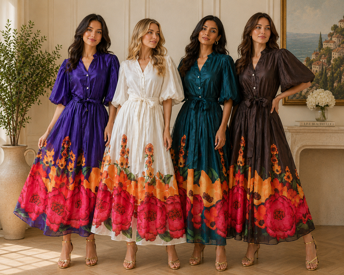 Elegant Floral Satin Midi Dresses with Statement Sleeves