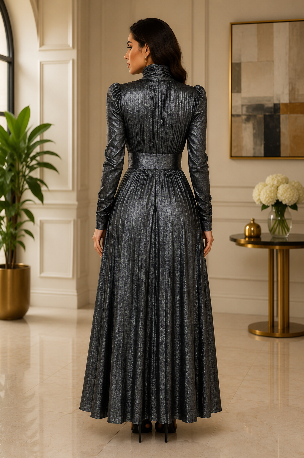 Metallic & Classic High Neck Pleated Maxi Dress Collection