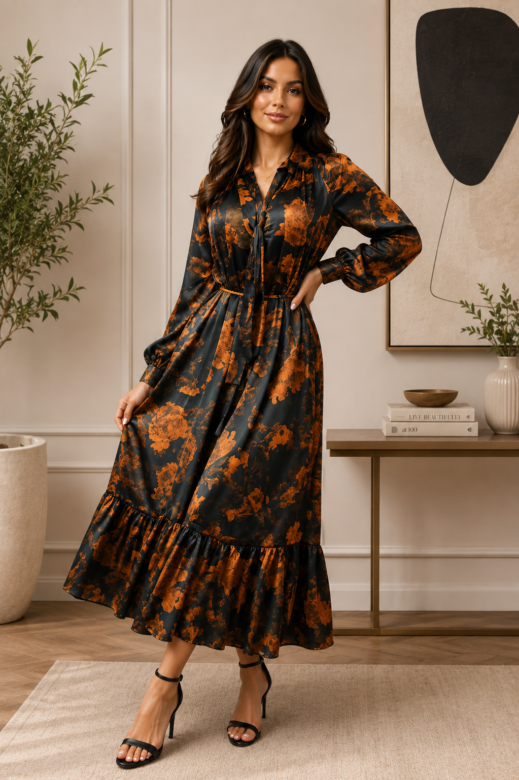 Midnight Amber Floral Satin Maxi Dress