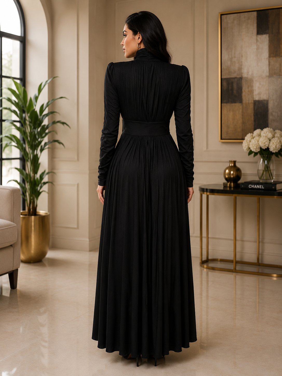 Metallic & Classic High Neck Pleated Maxi Dress Collection