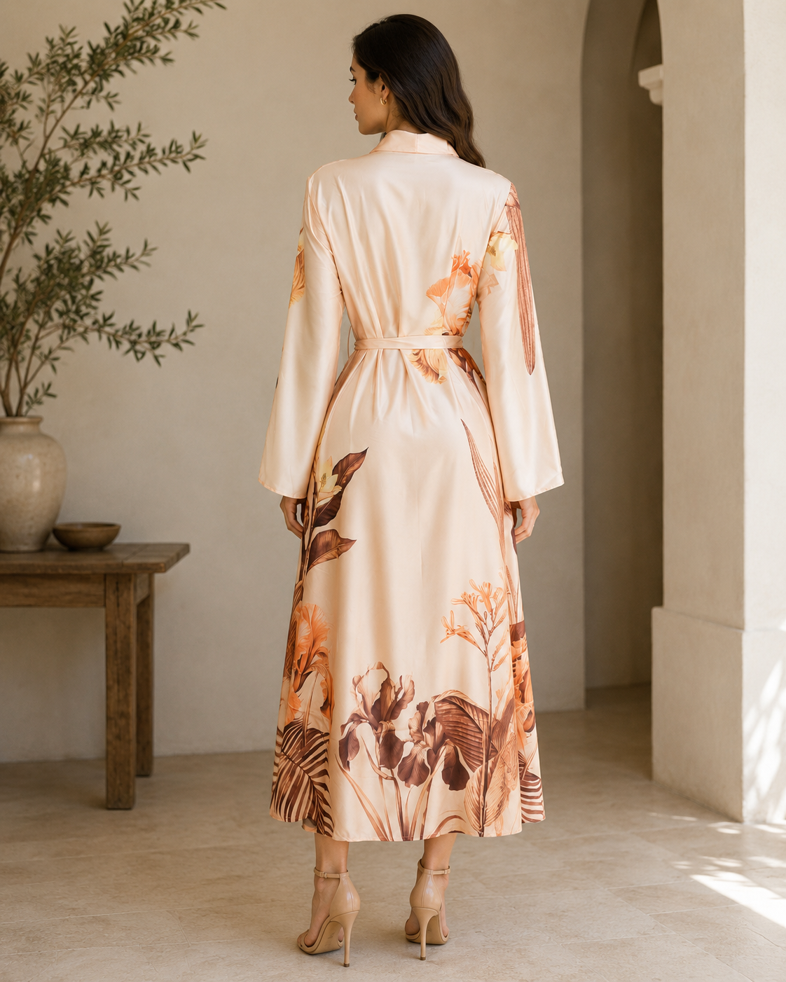 Blush Bloom Satin Tie-Neck Midi Dress