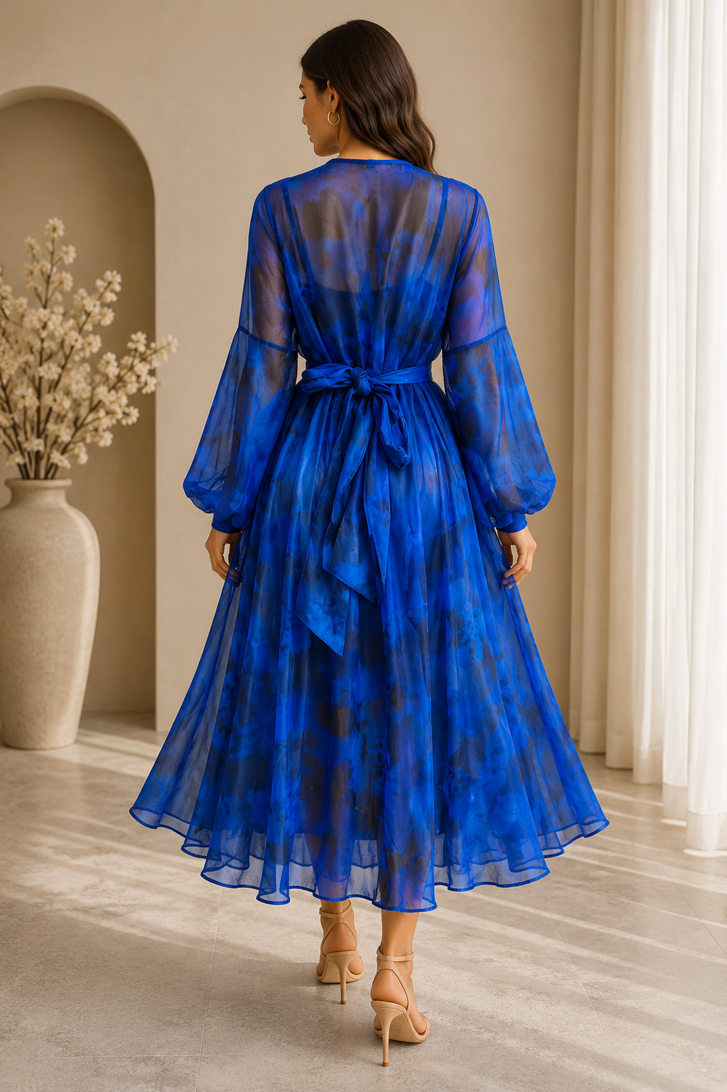 Midnight Blue Organza Tie Waist Maxi Dress