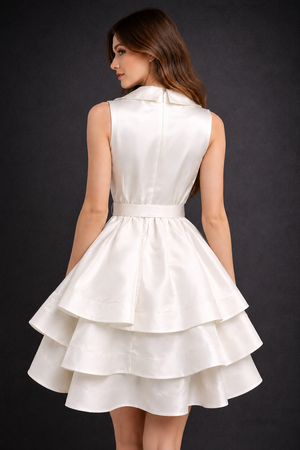 Elegant Satin Tiered Dress with Belt