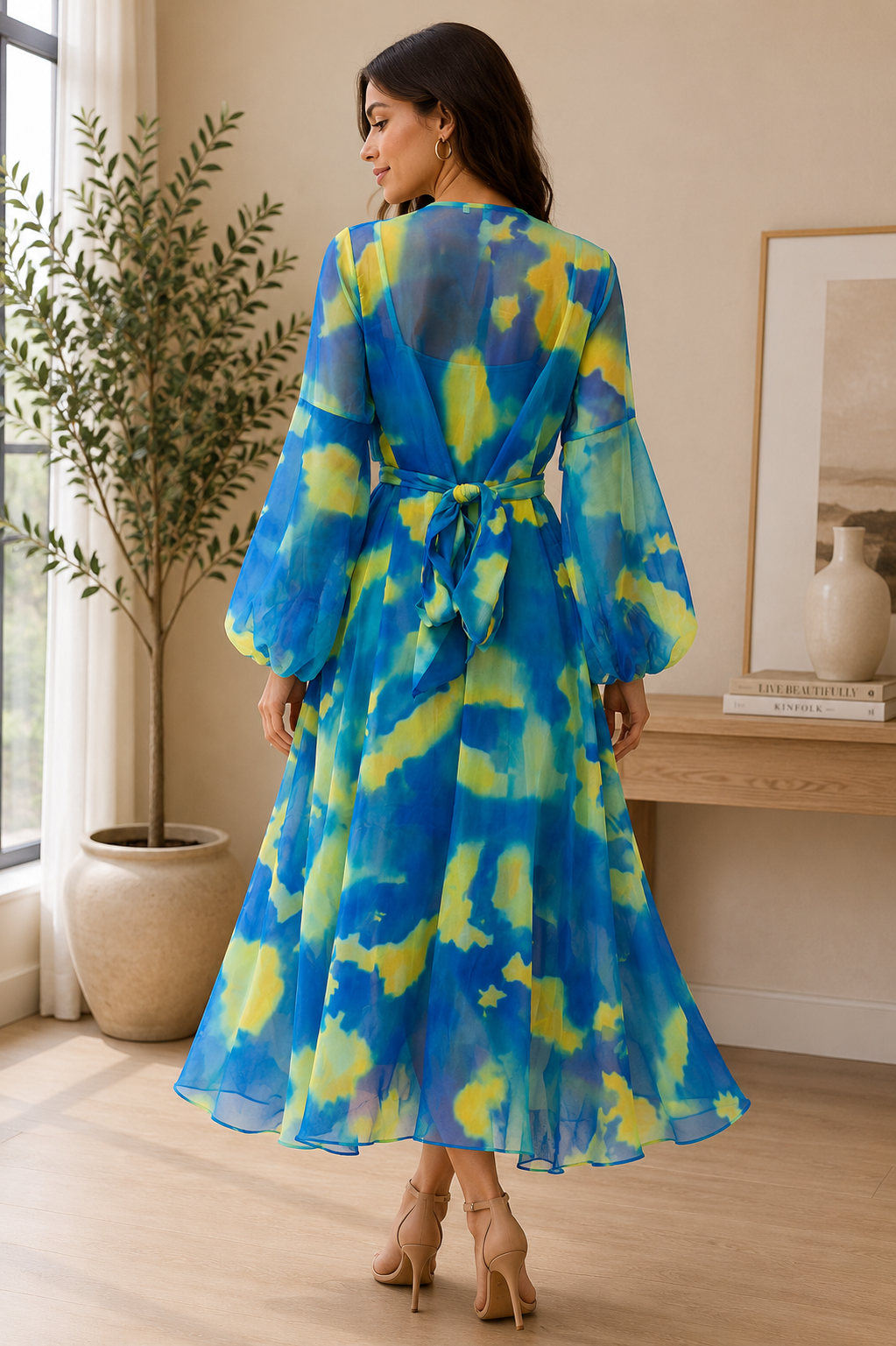 Ocean Bloom Chiffon Maxi Dress with Tie Waist