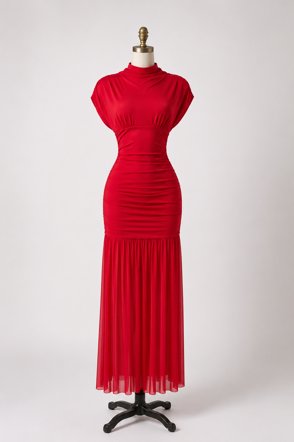 Elegant Ruched Mesh Maxi Dress