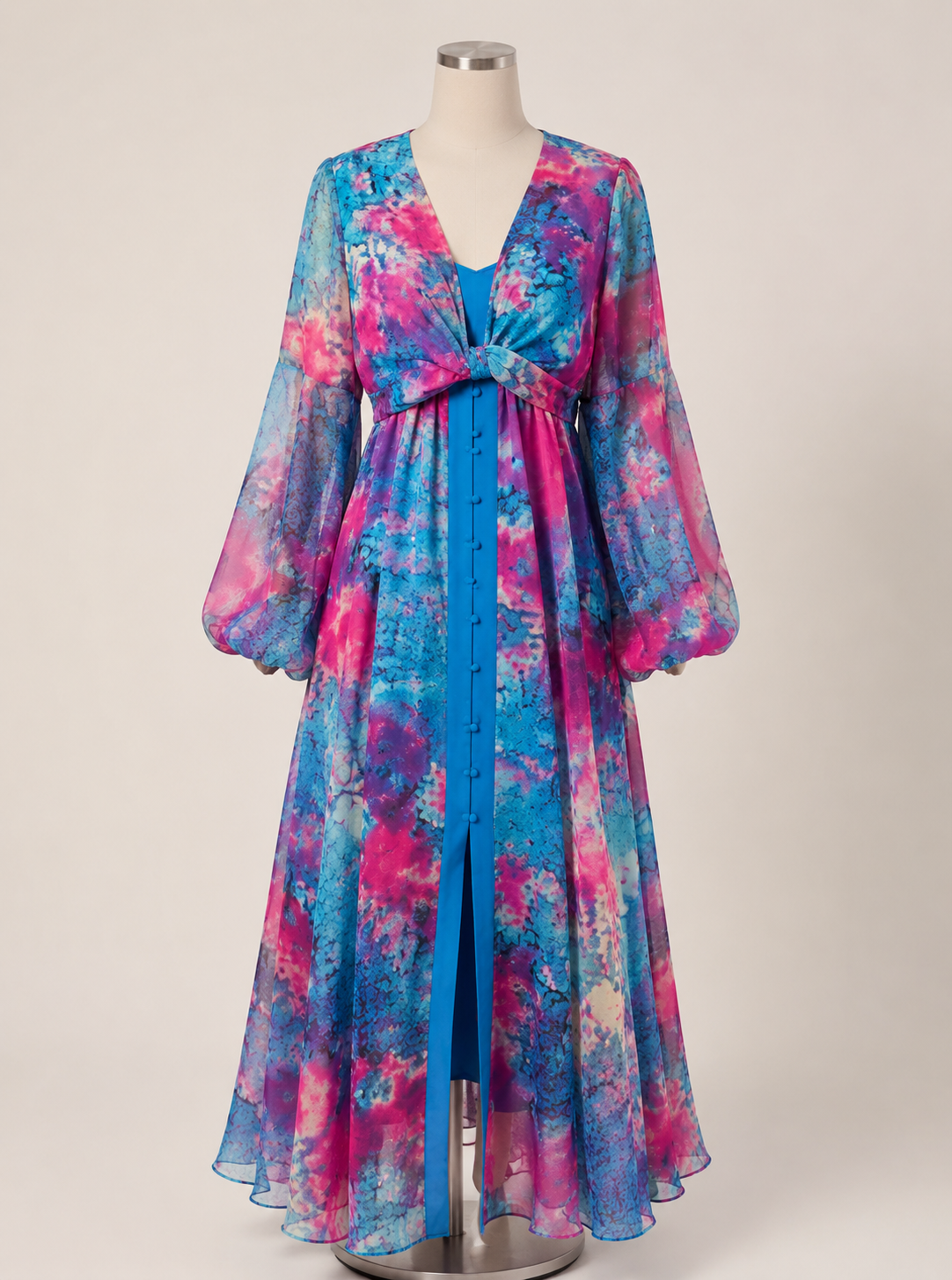 Ocean Bloom Chiffon Maxi Dress with Tie Waist