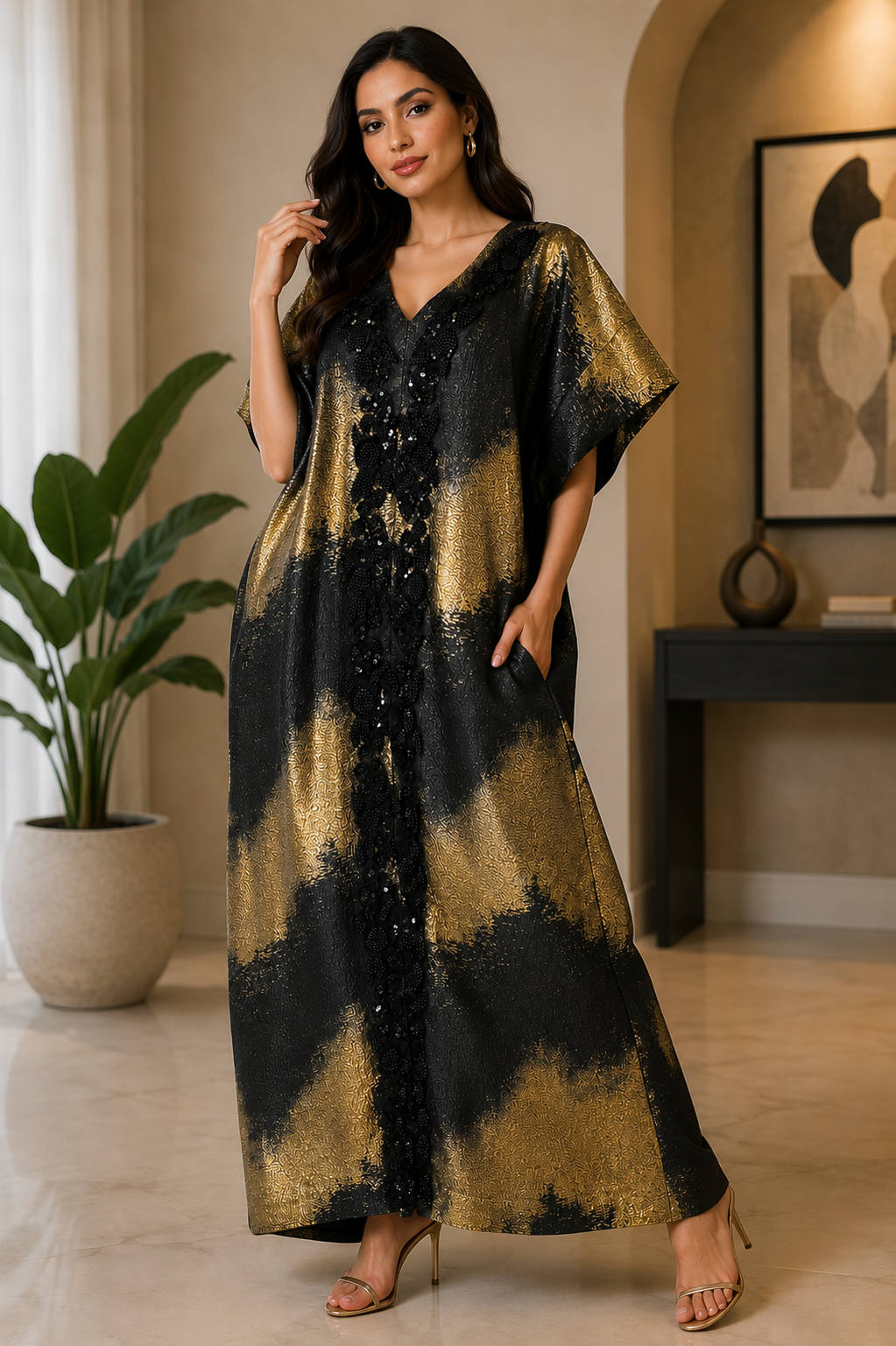 Midnight Gold Metallic Kaftan Dress