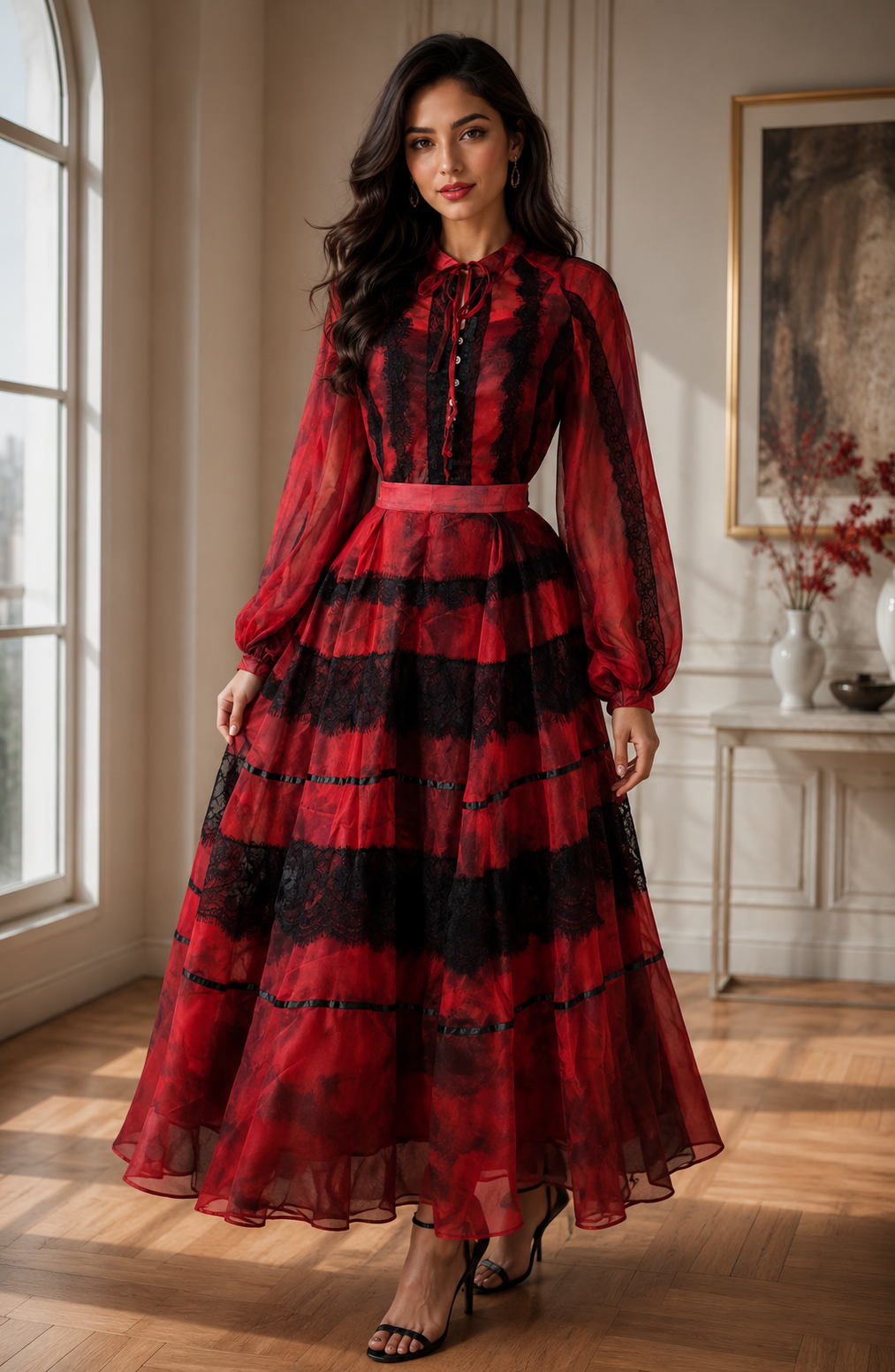 Crimson Noir Lace Tiered Maxi Dress