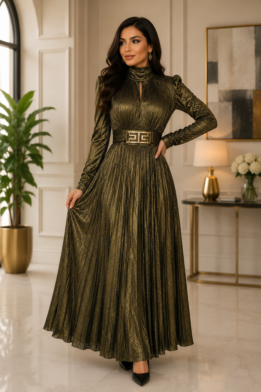 Metallic & Classic High Neck Pleated Maxi Dress Collection
