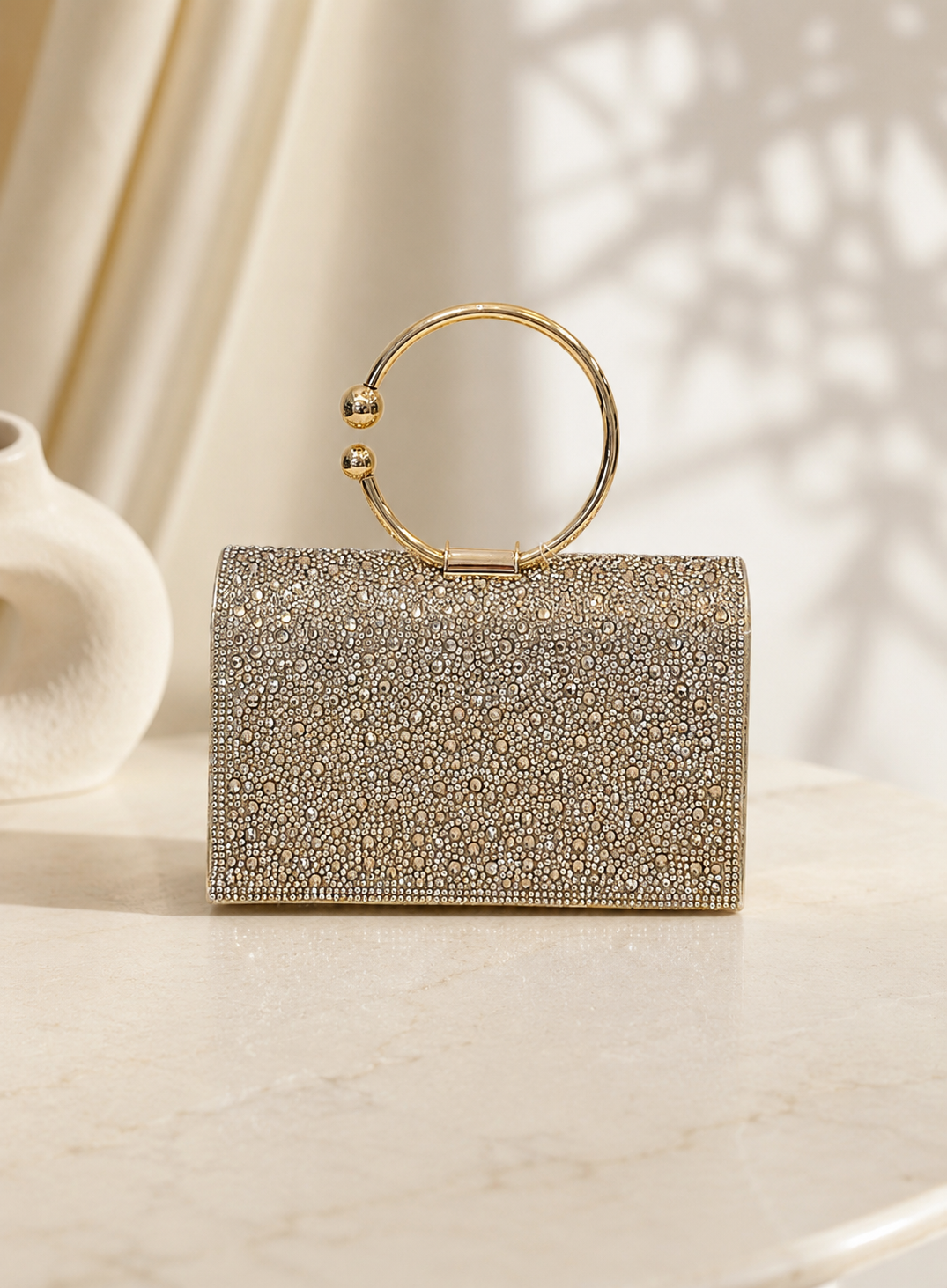 Crystal Embellished Ring Handle Evening Clutch Bag