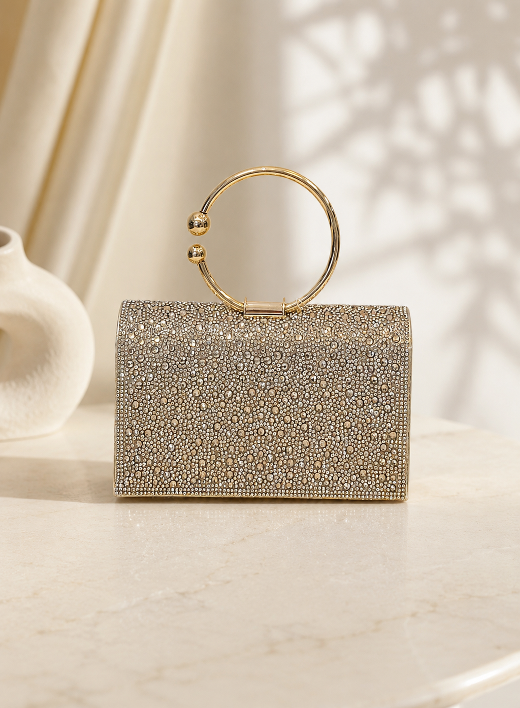 Crystal Embellished Ring Handle Evening Clutch Bag
