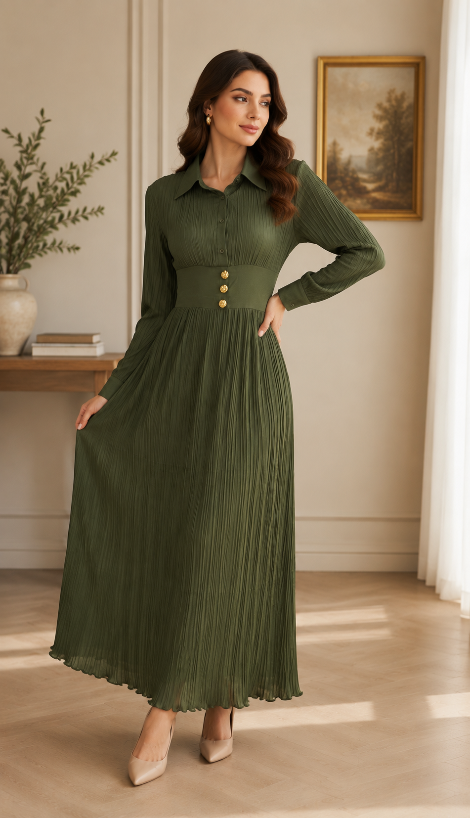 Pleated Maxi Dress with Gold Button Detail