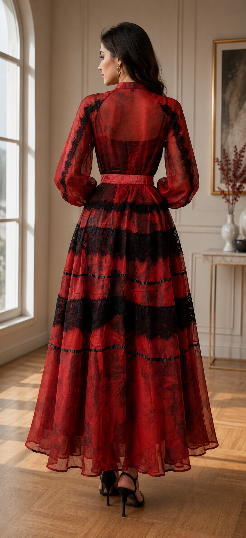 Crimson Noir Lace Tiered Maxi Dress