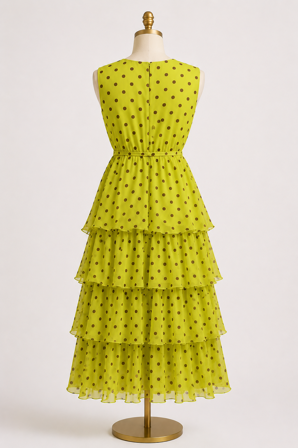 Sleeveless Polka Dot Tiered Chiffon Midi Dresses