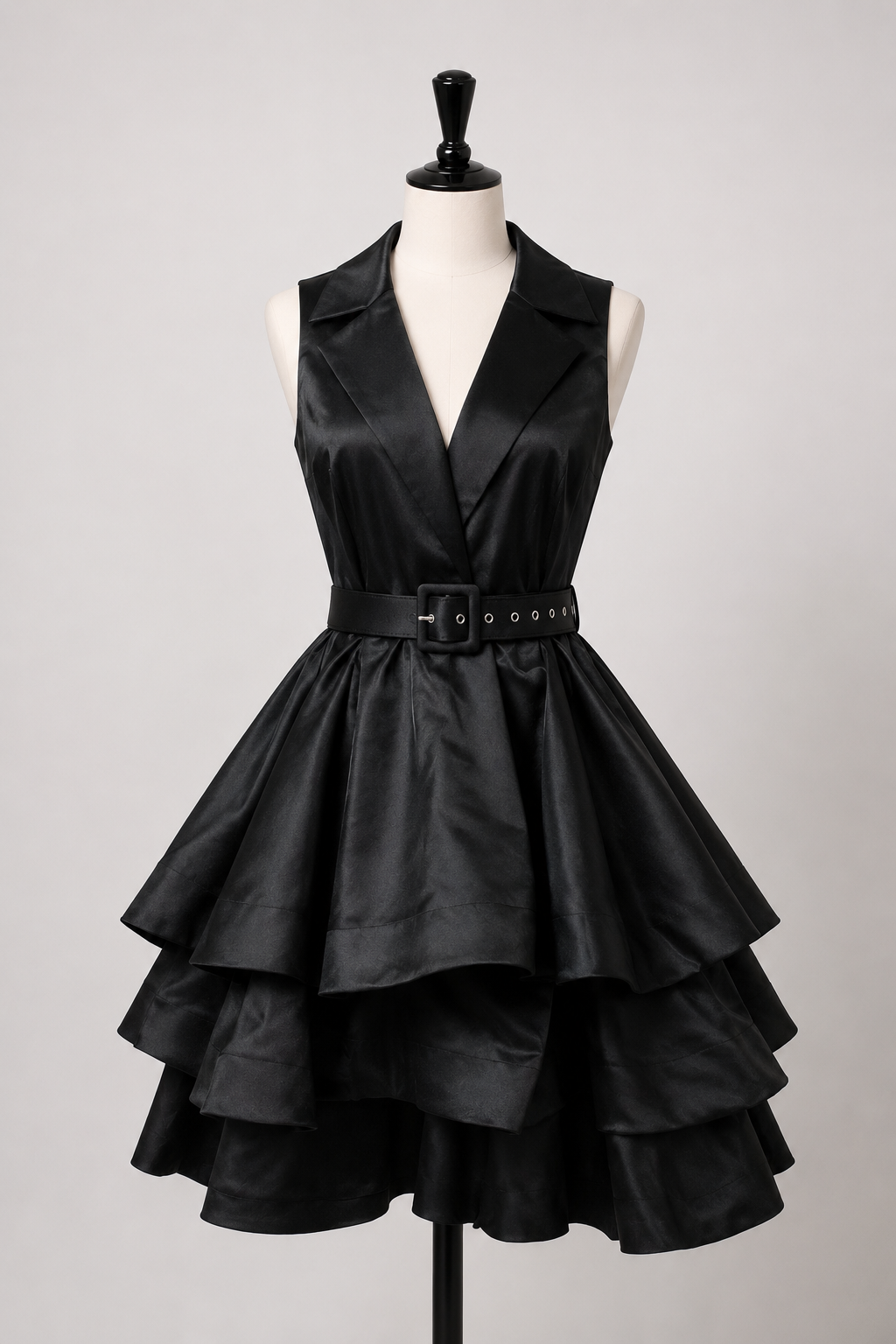 Elegant Satin Tiered Dress with Belt