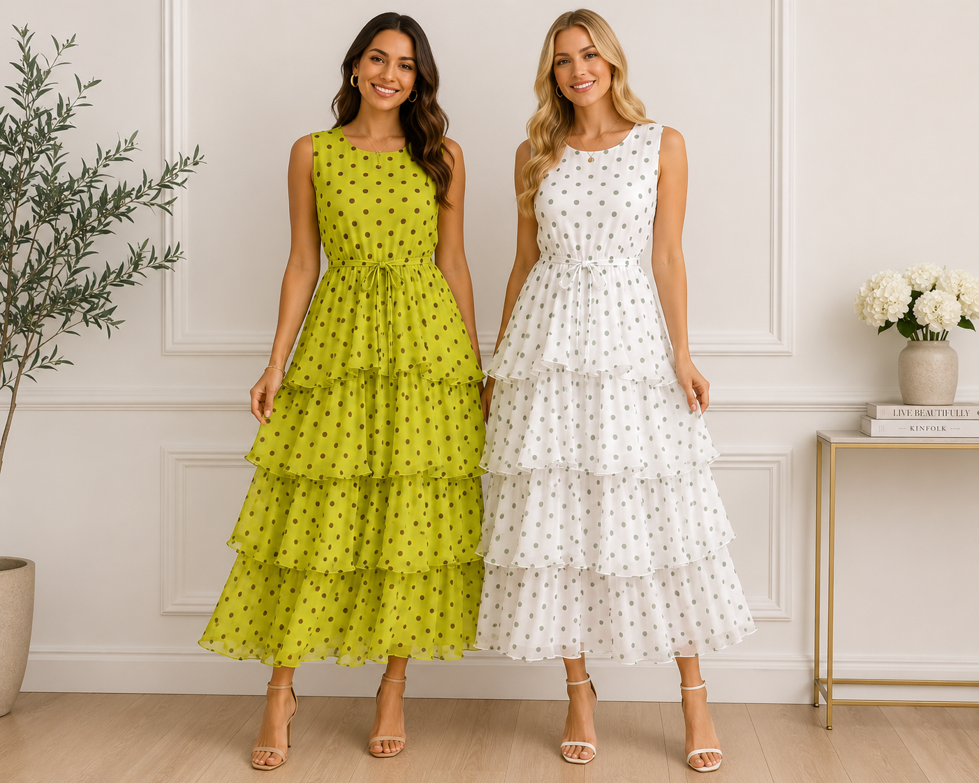 Sleeveless Polka Dot Tiered Chiffon Midi Dresses