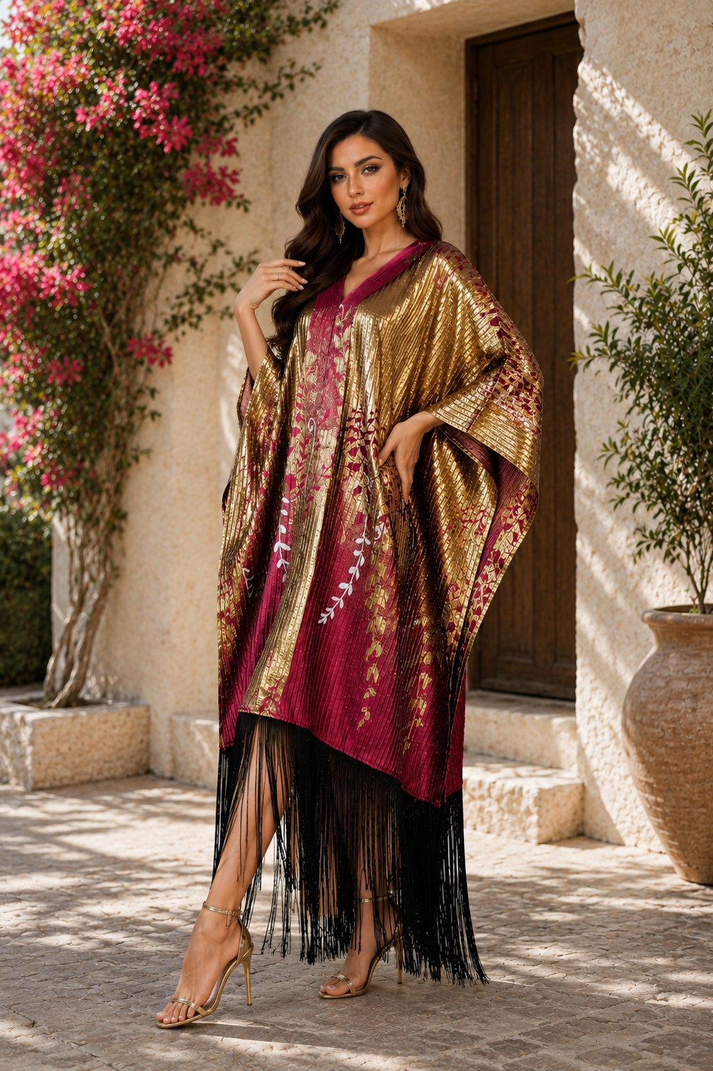 Metallic Botanical Fringe Kaftan - Statement occasion Dress
