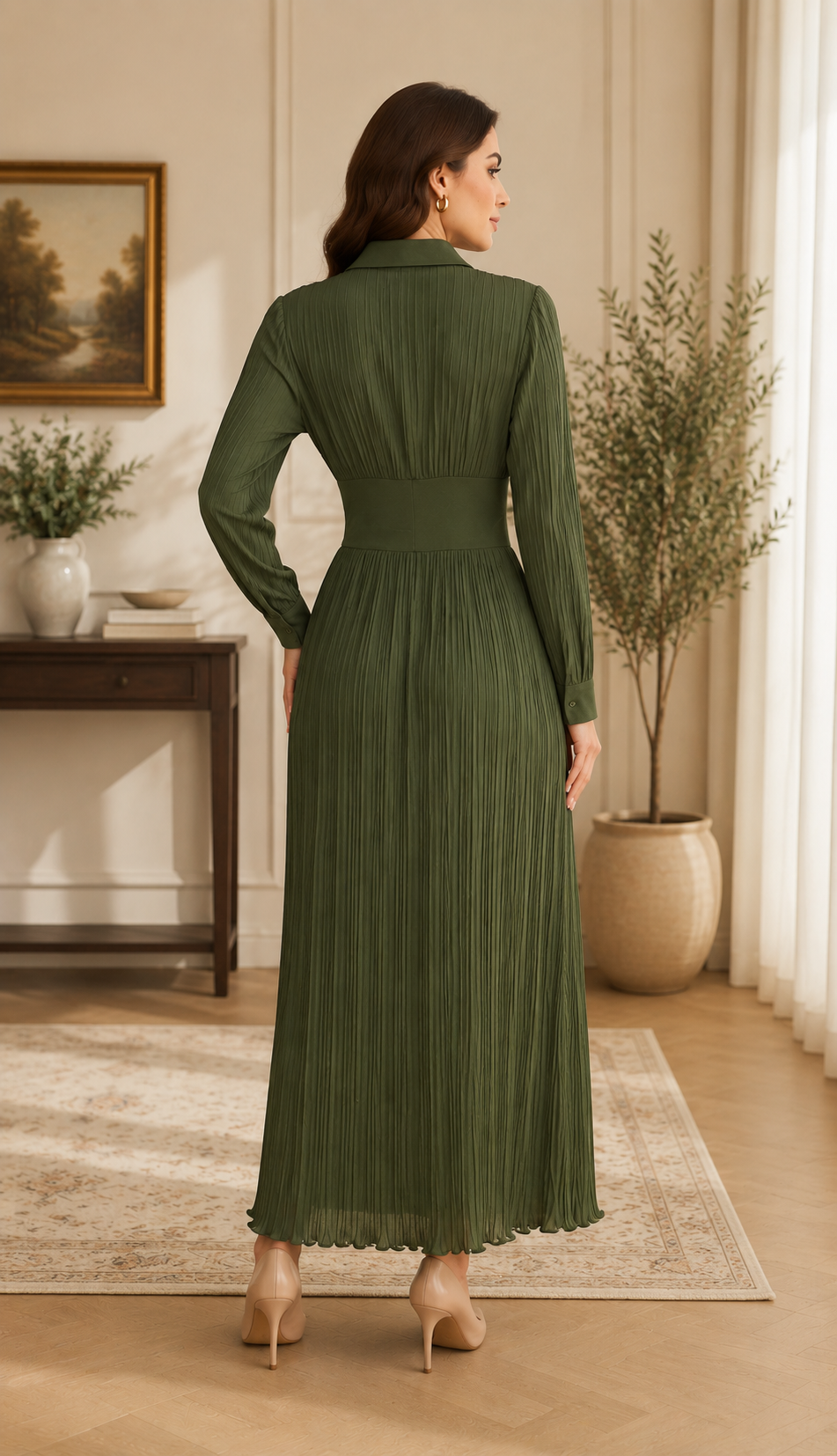Pleated Maxi Dress with Gold Button Detail