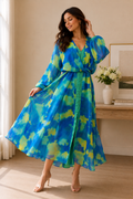 Ocean Bloom Chiffon Maxi Dress with Tie Waist