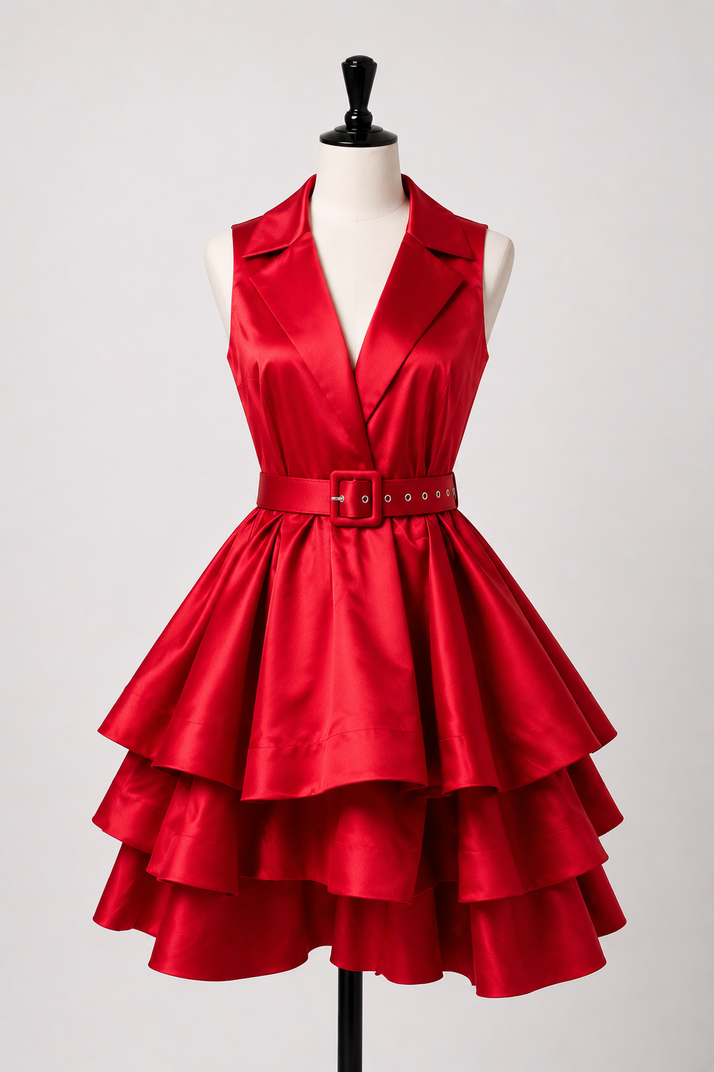 Elegant Satin Tiered Dress with Belt