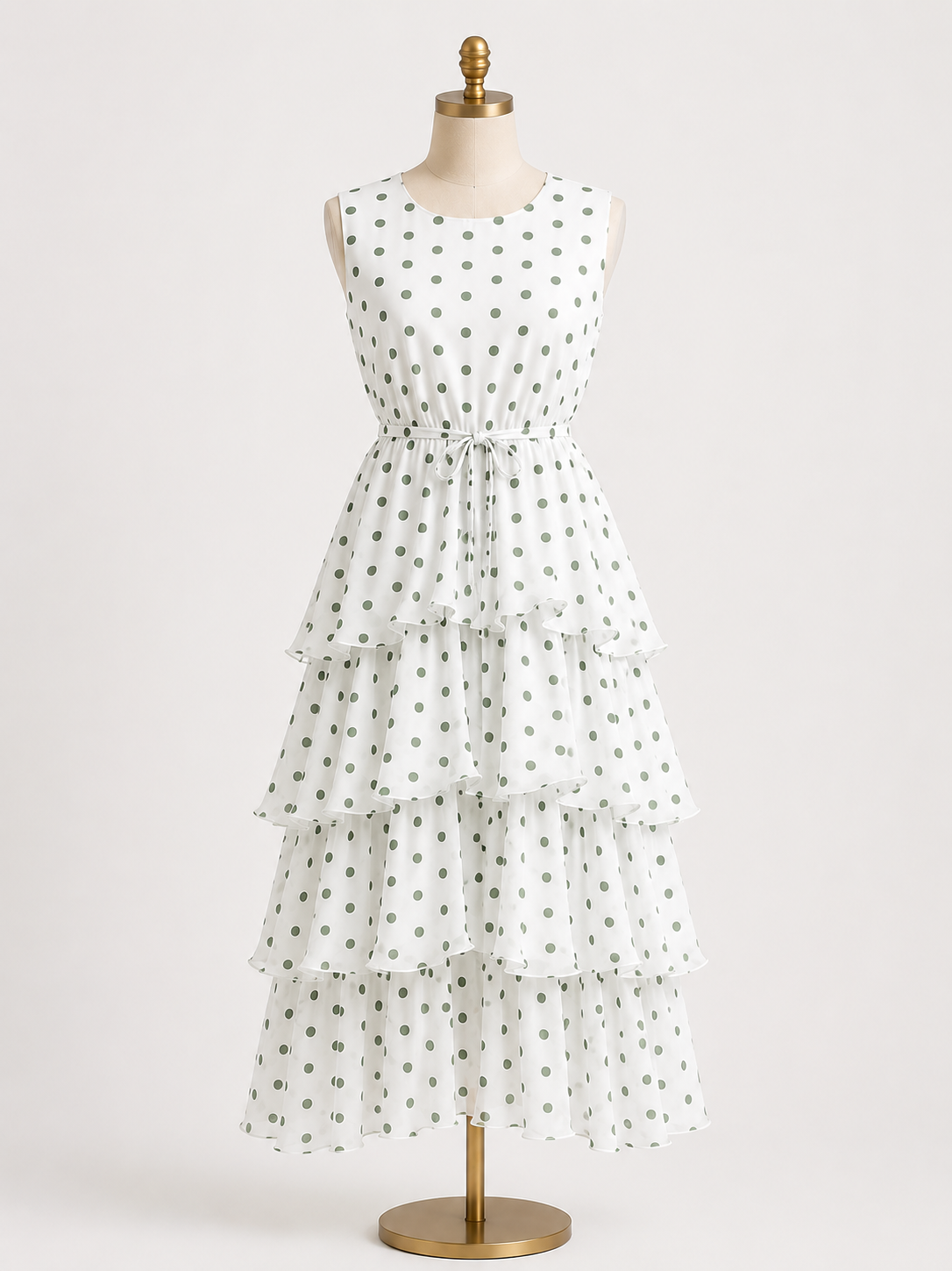 Sleeveless Polka Dot Tiered Chiffon Midi Dresses