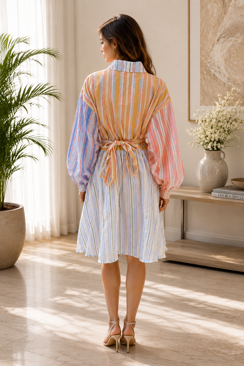 Stripe Waist-Tie Shirt Dress