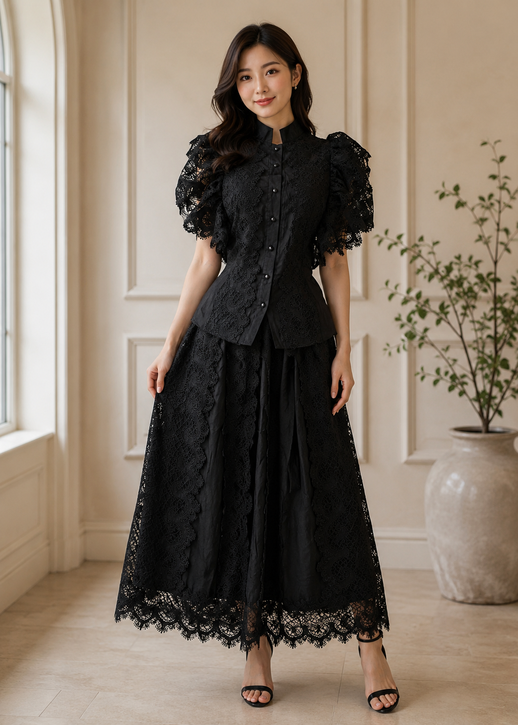 Elegant Black Lace Victorian - Inspired Two-Piece Dress Set