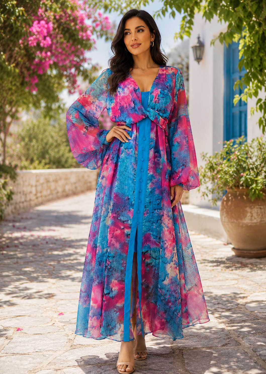 Ocean Bloom Chiffon Maxi Dress with Tie Waist