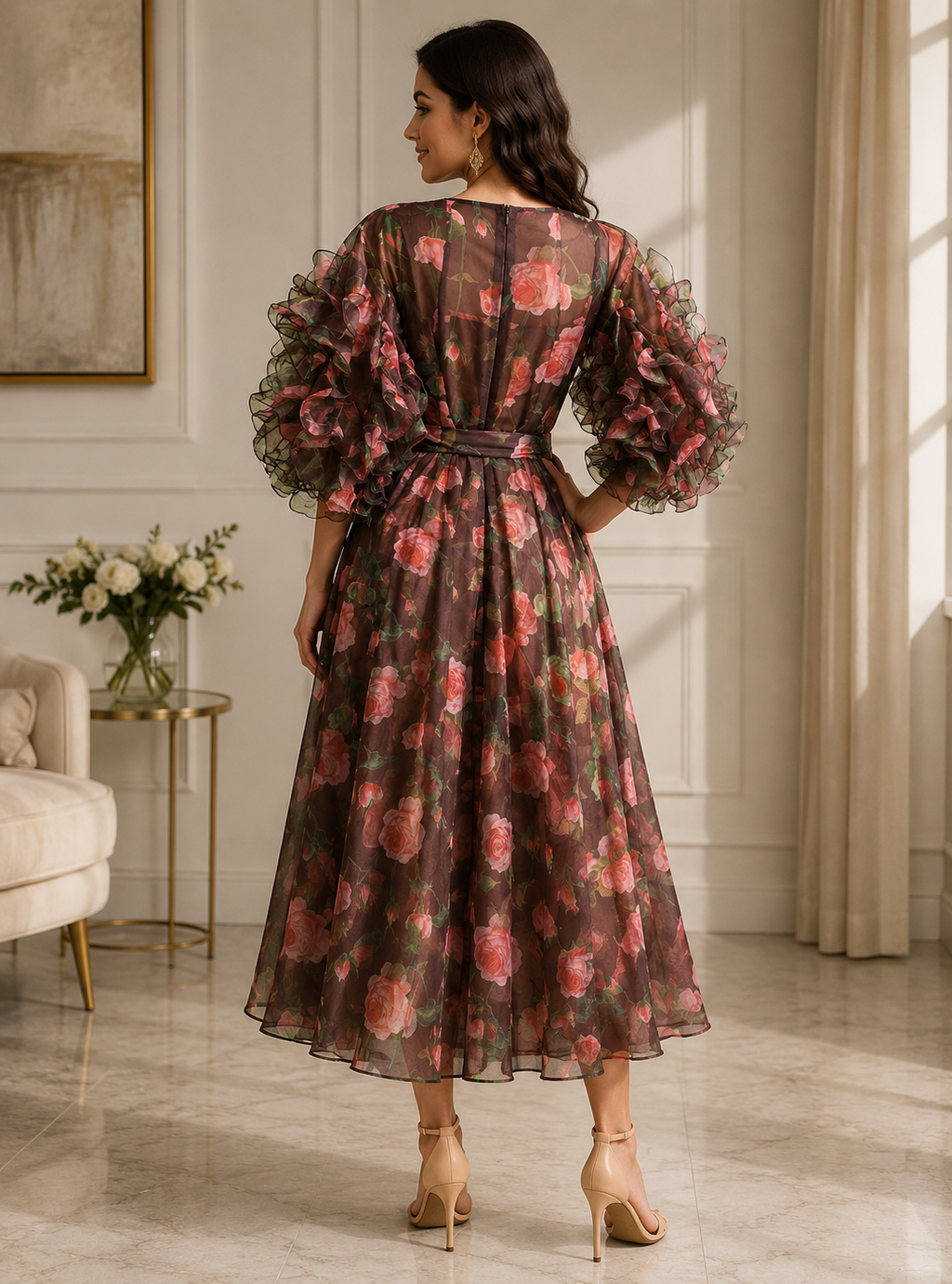 Rose Garden Organza Ruffle Sleeve Maxi Dress